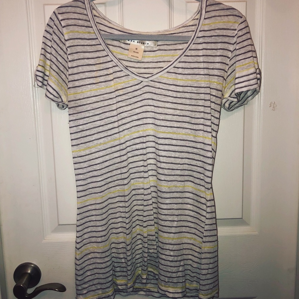 grey and yellow striped top